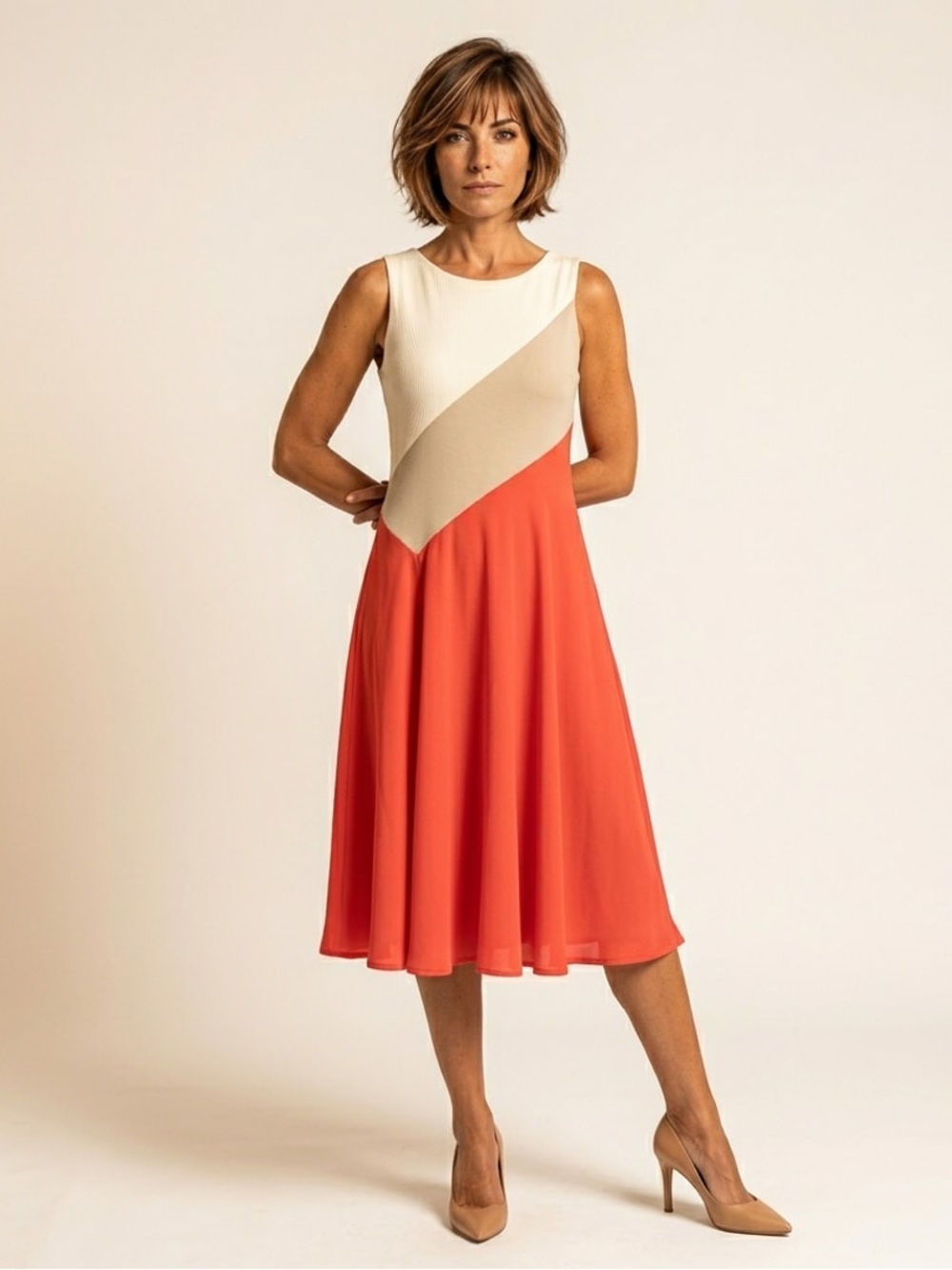 Mauve Anthropology Sleeveless A-Line color block Dress Red Cream Tan Sz SX
